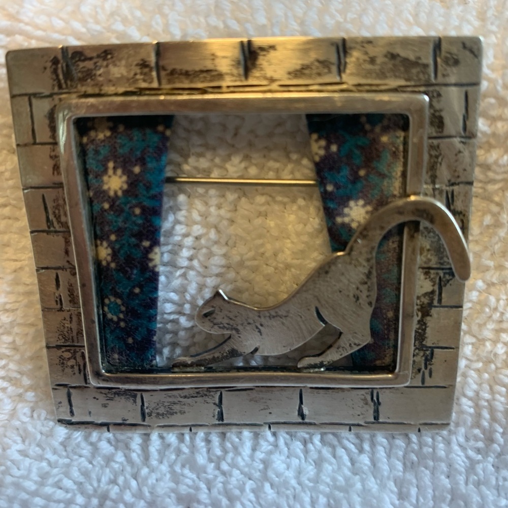 Vintage sterling silver cat at the window brooch